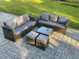 Fimous Indoor Outdoor Rattan Garden Furniture 8 Seater Set Table Sofa Chair Patio Conservatory with Grey Cushions 2 Small Footstools in Dark Grey - thumbnail 2