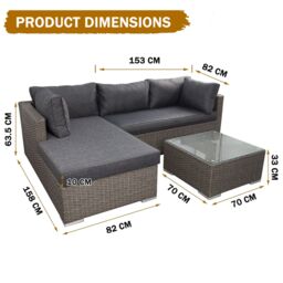 FURNITURE ONE 3 Piece Rattan Garden Corner Sofa Set with 10CM Cushion- Fully Assembled in Dark Grey - Size: 3 Pack - thumbnail 7