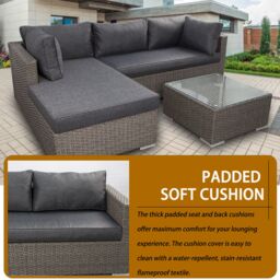 FURNITURE ONE 3 Piece Rattan Garden Corner Sofa Set with 10CM Cushion- Fully Assembled in Dark Grey - Size: 3 Pack - thumbnail 3