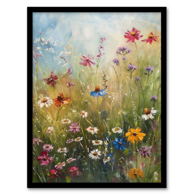 "Artery8 Spring Wildflowers Oil Painting Colourful Floral Framed Art Print in Green - Size: W12"" x H16""" - image 1