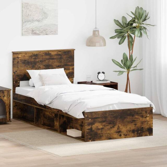 Berkfield Home Bed Frame with Headboard Smoked Oak 90 x 200 cm Solid Pine Wood in Brown - image 1