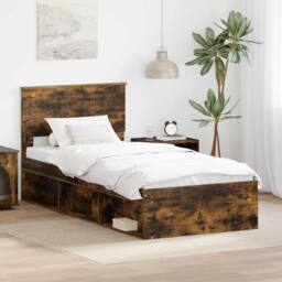Berkfield Home Bed Frame with Headboard Smoked Oak 90 x 200 cm Solid Pine Wood in Brown - thumbnail 1