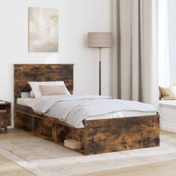 Berkfield Home Bed Frame with Headboard Smoked Oak 90 x 200 cm Solid Pine Wood in Brown - thumbnail 3
