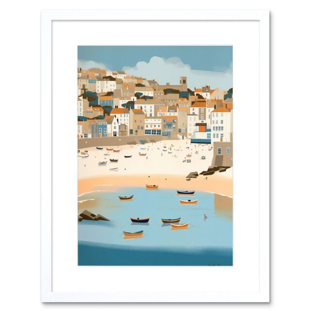 "Artery8 Wall Art Print Small Boats in St Ives Bay Coastal Cityscape Artwork Framed 9X7 Inch in White - Size: W7"" x H9""" - image 1