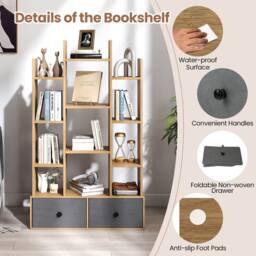 Costway 12 Tier Bookshelf Open Storage Wood Bookcase Organizer Display Shelf in Natural - thumbnail 3