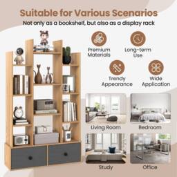 Costway 12 Tier Bookshelf Open Storage Wood Bookcase Organizer Display Shelf in Natural - thumbnail 6