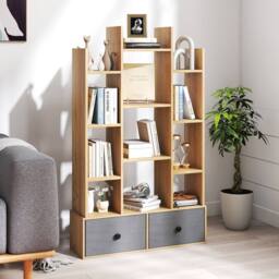 Costway 12 Tier Bookshelf Open Storage Wood Bookcase Organizer Display Shelf in Natural - thumbnail 1