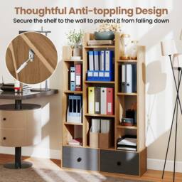 Costway 12 Tier Bookshelf Open Storage Wood Bookcase Organizer Display Shelf in Natural - thumbnail 5