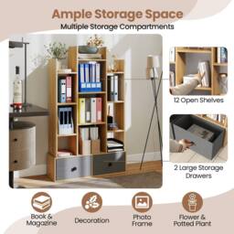 Costway 12 Tier Bookshelf Open Storage Wood Bookcase Organizer Display Shelf in Natural - thumbnail 4