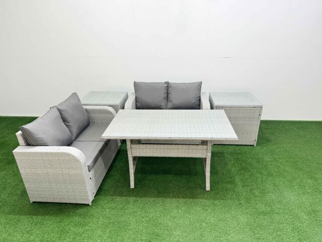 Fimous 4 Seater Outdoor Love Sofa Set Rattan Garden Furniture Set with Rectangular Dining Table 2 Side Tables Light Grey - image 1