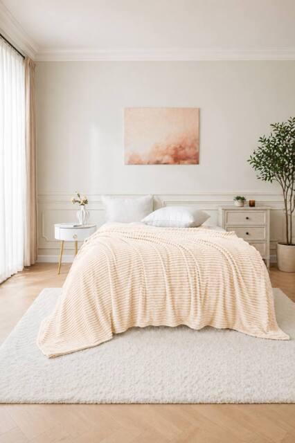 Dyzi Large Supersoft Ribbed Jacquard Fleece Throw Blanket 200 x 240cm in Cream - Size: 200 cm x 240 cm