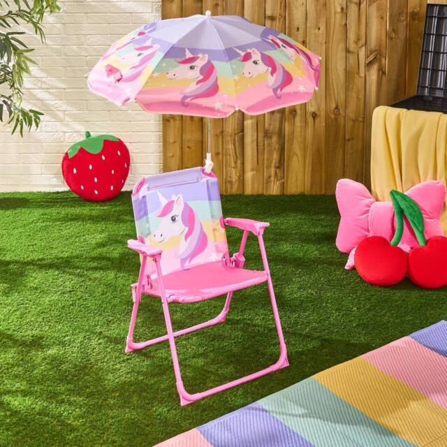 OHS Kids Unicorn Camping Chair Parasol Set Picnic Outdoor Folding Seat in Pink - image 1