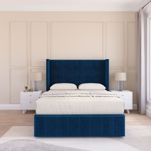 "Sloomy Melbourne Upholstered Wingback Bed Set With No Drawers & 54"" Floor standing Headboard -Plush Velvet in Navy - Size: Super King" - image 1