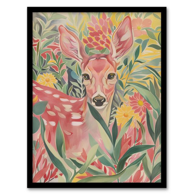 "Artery8 Deer in Flower Field Pastel Colour Painting Framed Art Print in Pink - Size: W12"" x H16""" - image 1