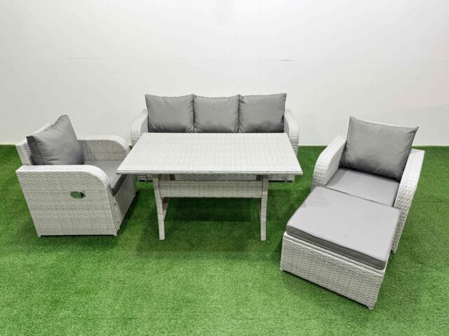Fimous PE Rattan Garden Furniture Set Reclining Chair Sofa Lounge Sofa Set Rectangular Dining Table Big Footstool Light Grey - image 1
