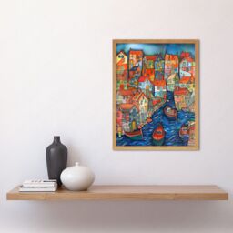 "Artery8 Wall Art Print Fishing Village Canal Folk Art Watercolour Painting Art Framed in Light Oak - Size: W12"" x H16""" - thumbnail 2