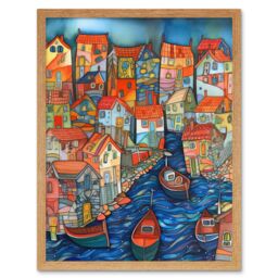"Artery8 Wall Art Print Fishing Village Canal Folk Art Watercolour Painting Art Framed in Light Oak - Size: W12"" x H16""" - thumbnail 1