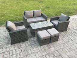 Fimous 6 Seater Outdoor Rattan Garden Furniture Set Patio Lounge Sofa Set with Coffee Table 2 Small Footstools Dark Grey Mixed - thumbnail 2