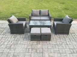 Fimous 6 Seater Outdoor Rattan Garden Furniture Set Patio Lounge Sofa Set with Coffee Table 2 Small Footstools Dark Grey Mixed - thumbnail 1