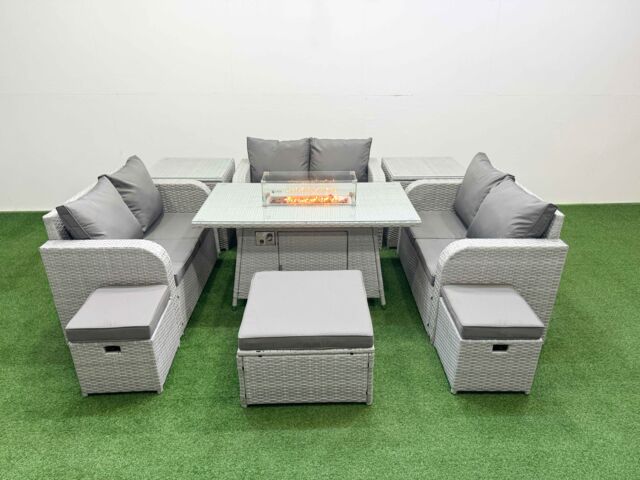 Fimous 9 Seater PE Wicker Rattan Furniture Sofa Sets with Firepit Dining Table 2 Seater Love Sofa 3 Stool 2 Side Table Light Grey - image 1