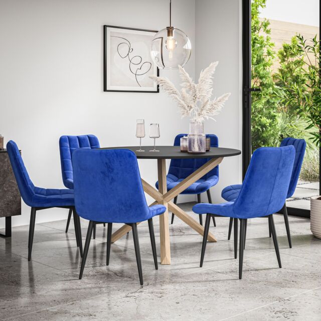 More4Homes Malvern Round Dining Table & Chairs - Black Table Top w Solid Oak Legs + Nova Velvet Dining Chair Set Of 6 in Blue - image 1