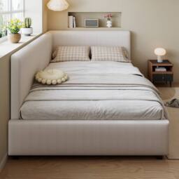 STILVORA 4ft6 Double Upholstered Bed with Side Rails in Beige - thumbnail 2