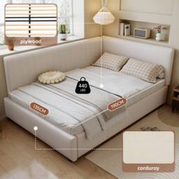 STILVORA 4ft6 Double Upholstered Bed with Side Rails in Beige - thumbnail 8