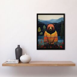 Artery8 Wall Art Print Hippie Bear by Lake Colourful Oil Painting Orange Blue Green Forest Landscape Kids Bedroom Artwork Framed - Size: A4 - thumbnail 4