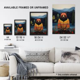 Artery8 Wall Art Print Hippie Bear by Lake Colourful Oil Painting Orange Blue Green Forest Landscape Kids Bedroom Artwork Framed - Size: A4 - thumbnail 3