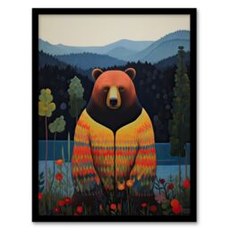 Artery8 Wall Art Print Hippie Bear by Lake Colourful Oil Painting Orange Blue Green Forest Landscape Kids Bedroom Artwork Framed - Size: A4 - thumbnail 1