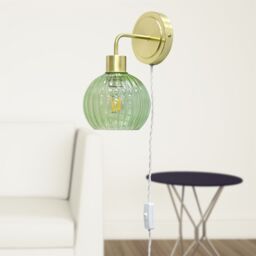 First Choice Lighting Set of 2 Toby - Satin Brass Plug in Wall Lights Green Ribbed Shades in Gold - thumbnail 5