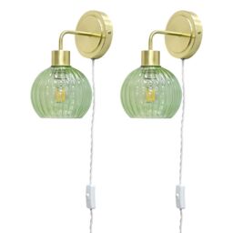 First Choice Lighting Set of 2 Toby - Satin Brass Plug in Wall Lights Green Ribbed Shades in Gold