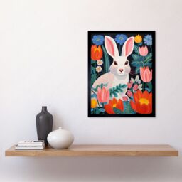 "Artery8 Wall Art Print Bunny Rabbit in Colourful Bold Vibrant Flowers Kids Bedroom Floral Artwork Garden Spring Blooms Art Framed - Size: W12"" x H16""" - thumbnail 2