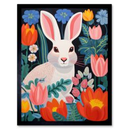 "Artery8 Wall Art Print Bunny Rabbit in Colourful Bold Vibrant Flowers Kids Bedroom Floral Artwork Garden Spring Blooms Art Framed - Size: W12"" x H16""" - thumbnail 1