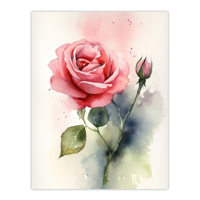 Artery8 Wall Art Print Rose Bloom Flower Soft Watercolour Painting Green Pink Single Bloom w/ Bud Elegant Spring Romance Nature Colourful Bright - image 1