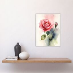 Artery8 Wall Art Print Rose Bloom Flower Soft Watercolour Painting Green Pink Single Bloom w/ Bud Elegant Spring Romance Nature Colourful Bright - thumbnail 4