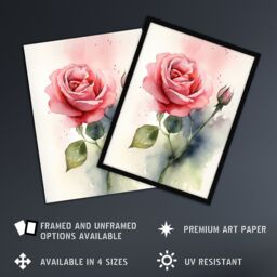 Artery8 Wall Art Print Rose Bloom Flower Soft Watercolour Painting Green Pink Single Bloom w/ Bud Elegant Spring Romance Nature Colourful Bright - thumbnail 2