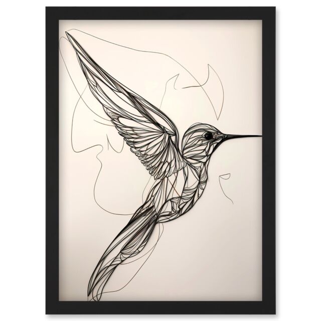 Artery8 Humming Bird in Flight Line Drawing Portrait Artwork Framed Wall Art Print A4 in Black - image 1