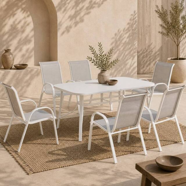 Wyld Haus Niseso 6 Seater Outdoor Dining Set White Metal Light Grey Mesh - image 1
