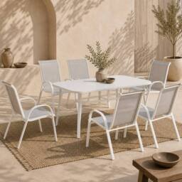 Wyld Haus Niseso 6 Seater Outdoor Dining Set White Metal Light Grey Mesh - thumbnail 1