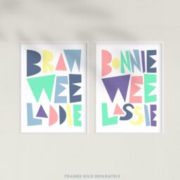 Wee Blue Coo Pack of 2 Scottish Baby Kids Childs Nursery Bonnie Wee Lassie Laddie Boy Girl Pastel Colour Typography Unframed Wall Art Living Room - thumbnail 5