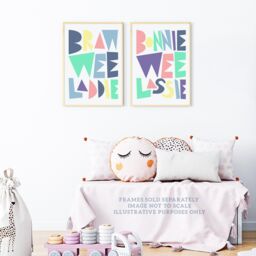 Wee Blue Coo Pack of 2 Scottish Baby Kids Childs Nursery Bonnie Wee Lassie Laddie Boy Girl Pastel Colour Typography Unframed Wall Art Living Room - thumbnail 2
