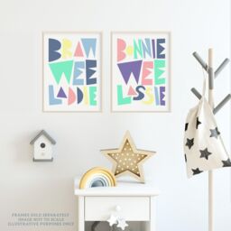 Wee Blue Coo Pack of 2 Scottish Baby Kids Childs Nursery Bonnie Wee Lassie Laddie Boy Girl Pastel Colour Typography Unframed Wall Art Living Room - thumbnail 3