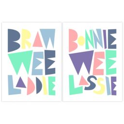 Wee Blue Coo Pack of 2 Scottish Baby Kids Childs Nursery Bonnie Wee Lassie Laddie Boy Girl Pastel Colour Typography Unframed Wall Art Living Room - thumbnail 1