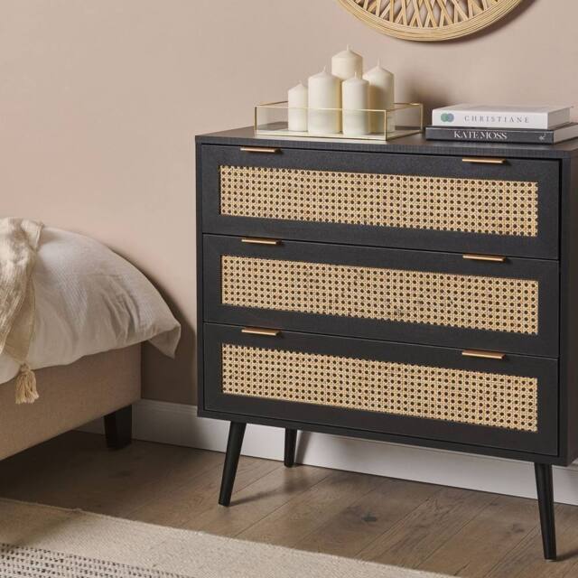 Wyld and Coco Rattan 3-Drawer Chest Black with Rubberwood Legs - image 1