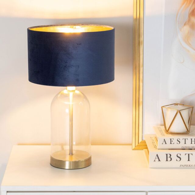ValueLights Jessy Glass with Gold Trim Table Lamp with Velvet Drum with Gold Shade & Bulb in Dark Navy - image 1