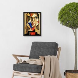 Artery8 Painting Cubism Style Portrait Of Young Woman Beige & Brown Artwork Framed Wall Art Print A4 in Black - thumbnail 2