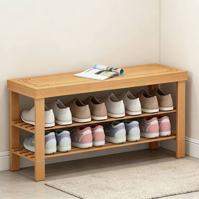 Ventryn Hallway Storage Bench with 3-Tier Wooden Shoe Rack in Natural - image 1