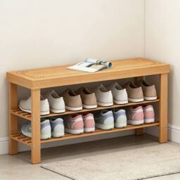 Ventryn Hallway Storage Bench with 3-Tier Wooden Shoe Rack in Natural