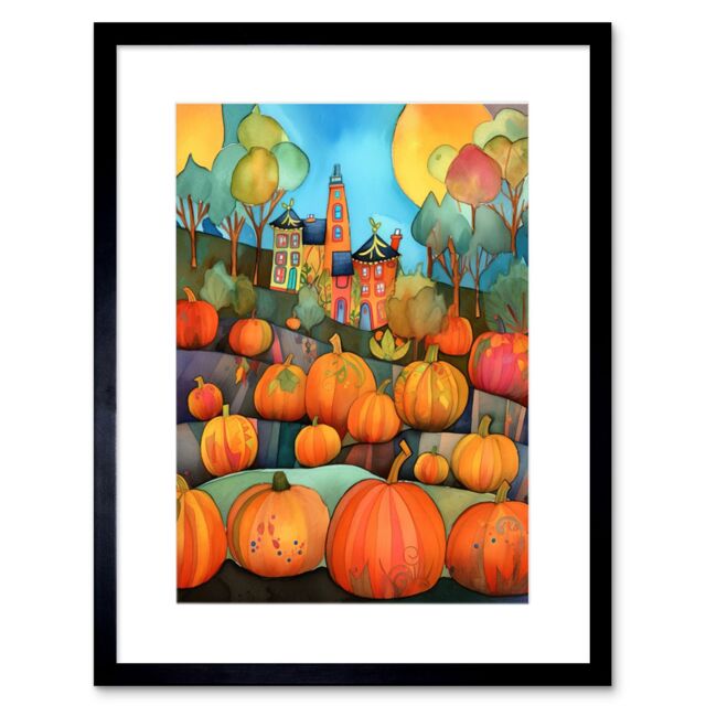 "Artery8 Wall Art Print Farm House Halloween Pumpkin Patch Modern Folk Art Watercolour Painting Artwork Framed 9X7 Inch in Black - Size: W7"" x H9""" - image 1